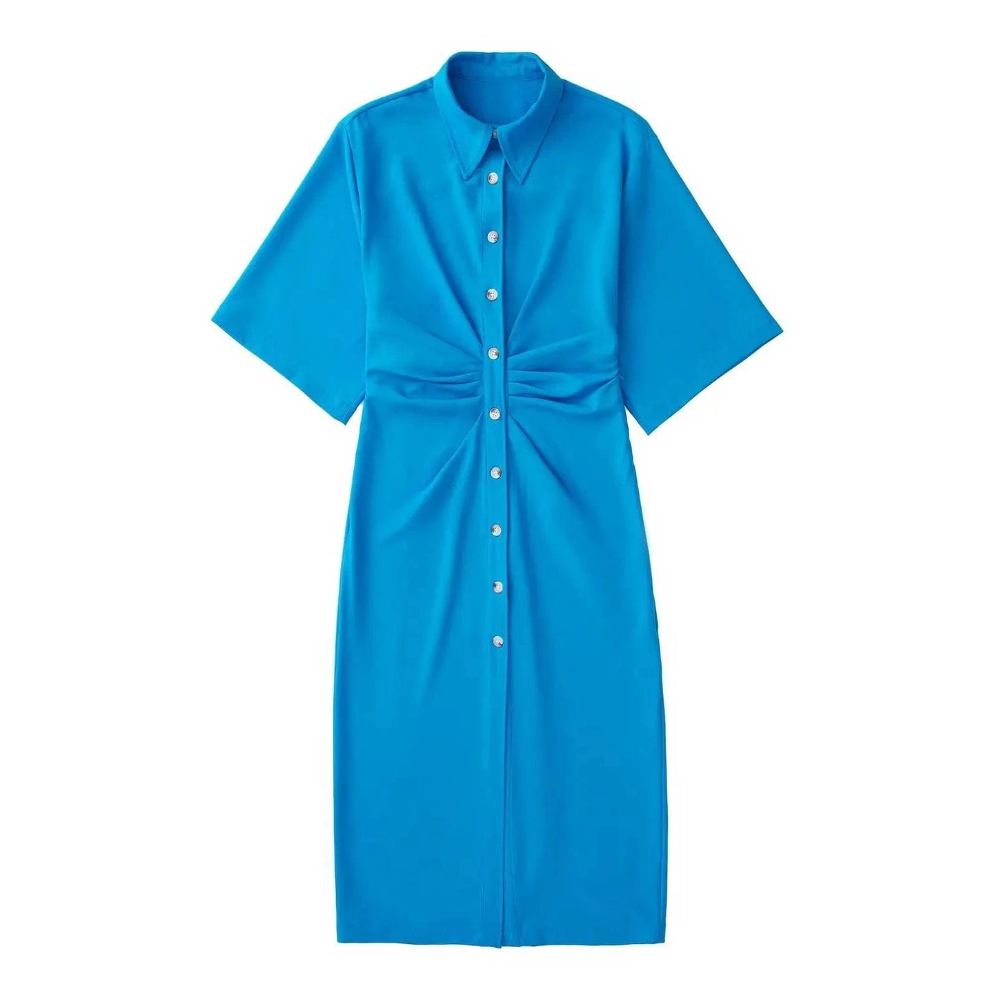 High Stretch Kimono Flared Short Sleeves Y2K Midi Casual Women Shirt Dress with Button Front Pleated Side Zipper