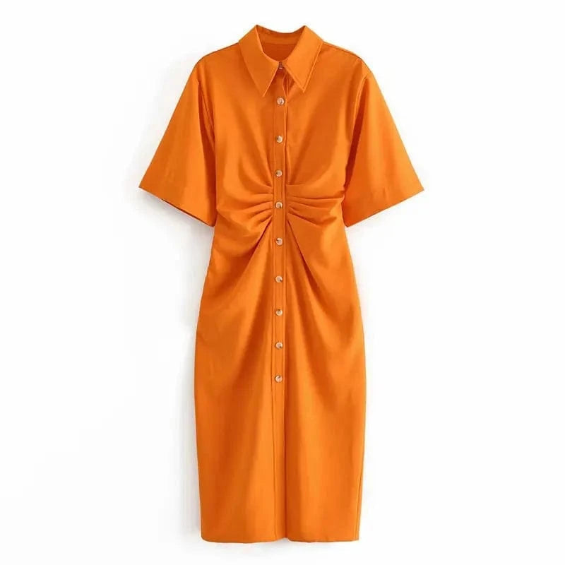 High Stretch Kimono Flared Short Sleeves Y2K Midi Casual Women Shirt Dress with Button Front Pleated Side Zipper