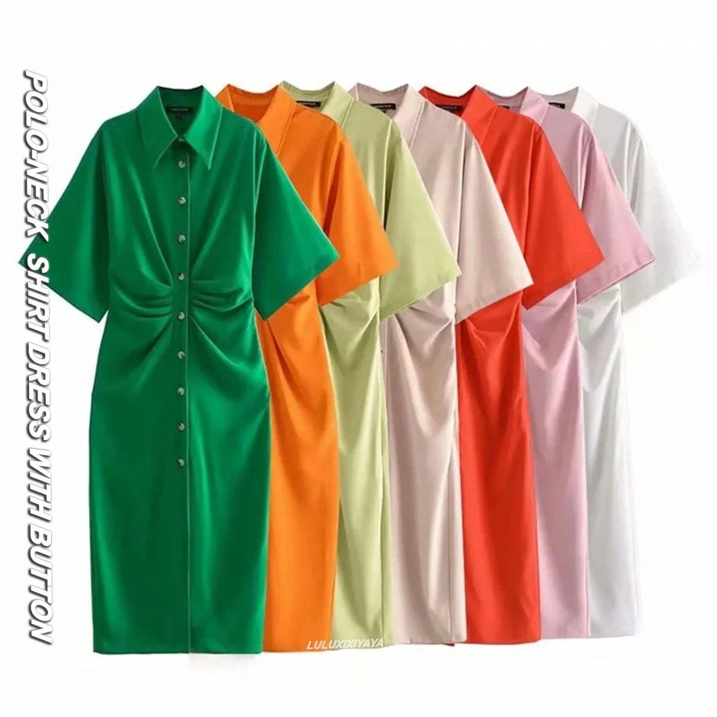 High Stretch Kimono Flared Short Sleeves Y2K Midi Casual Women Shirt Dress with Button Front Pleated Side Zipper