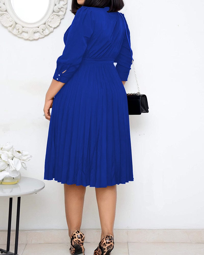 High Waist Button Soild Elegant Pleated Women Office Career Dresses