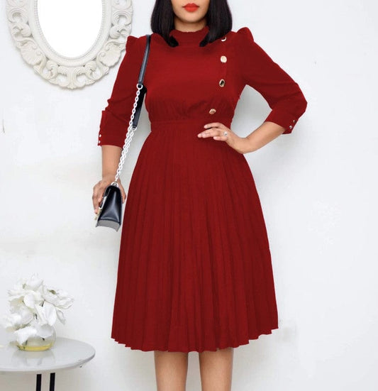 High Waist Button Soild Elegant Pleated Women Office Career Dresses