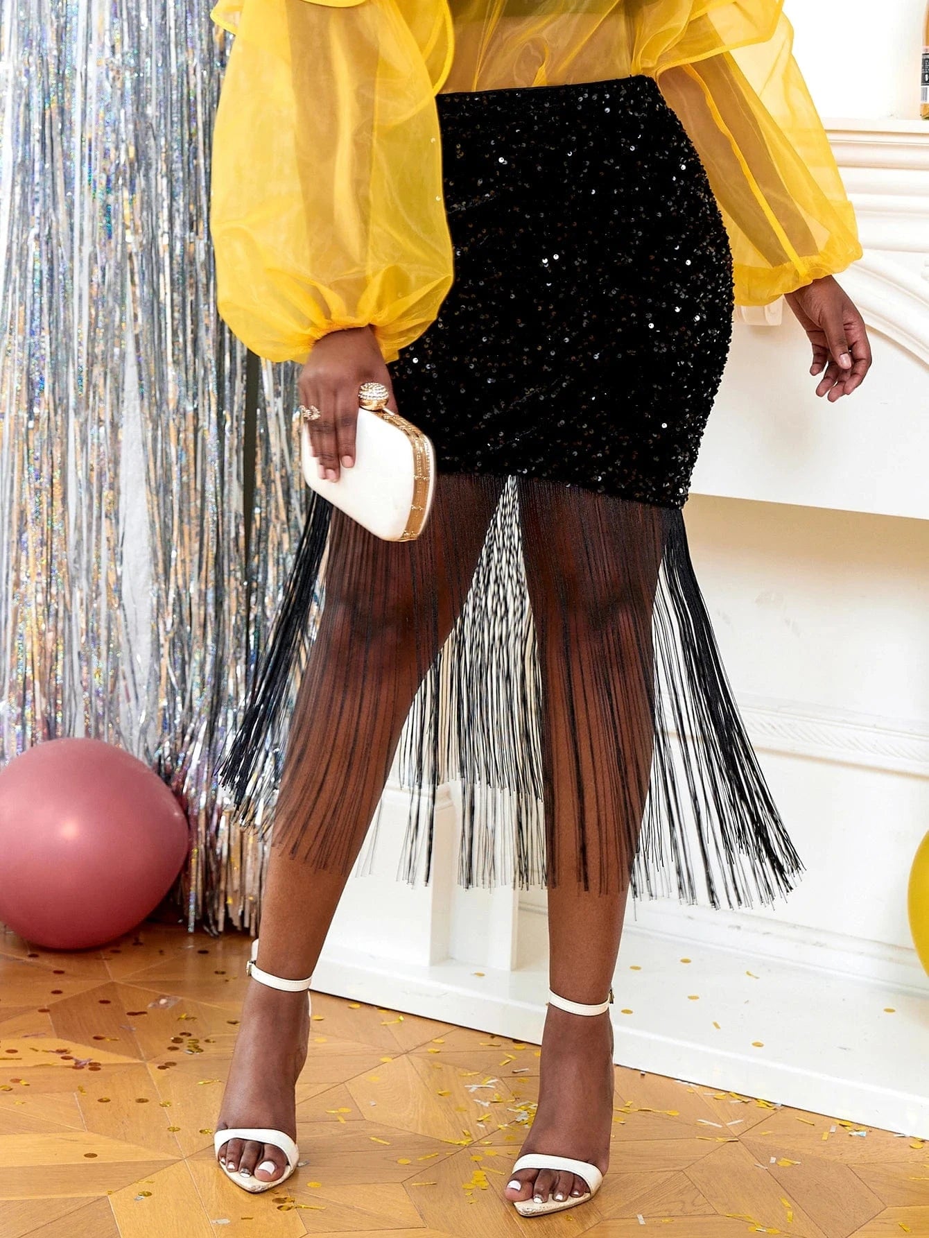 High Waist Clubwear Fall Tassel Patchwork Sequined Women AOMEI Skirts