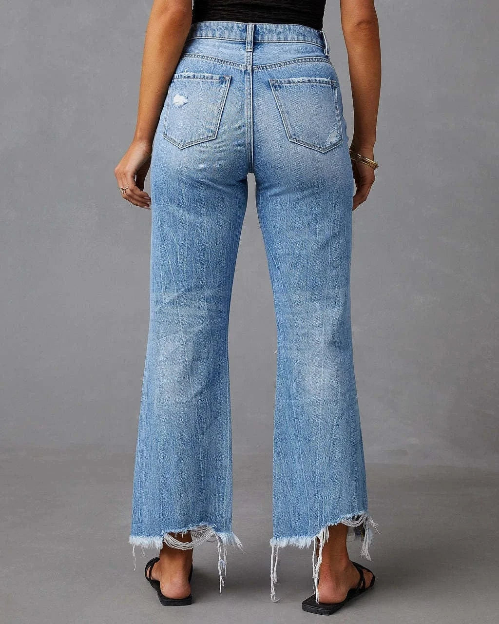 High Waist Distressed Wide Leg Ripped Jeans