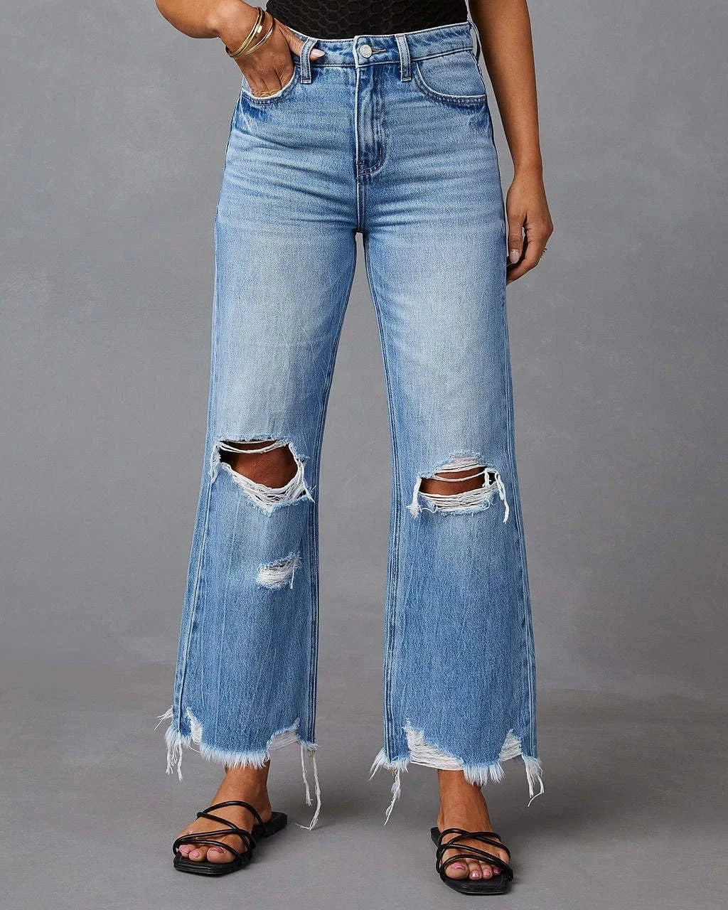 High Waist Distressed Wide Leg Ripped Jeans
