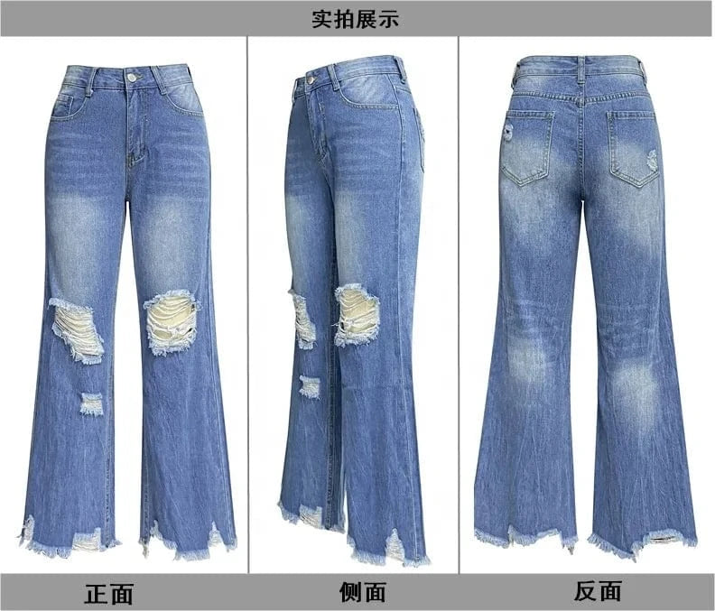 High Waist Distressed Wide Leg Ripped Jeans