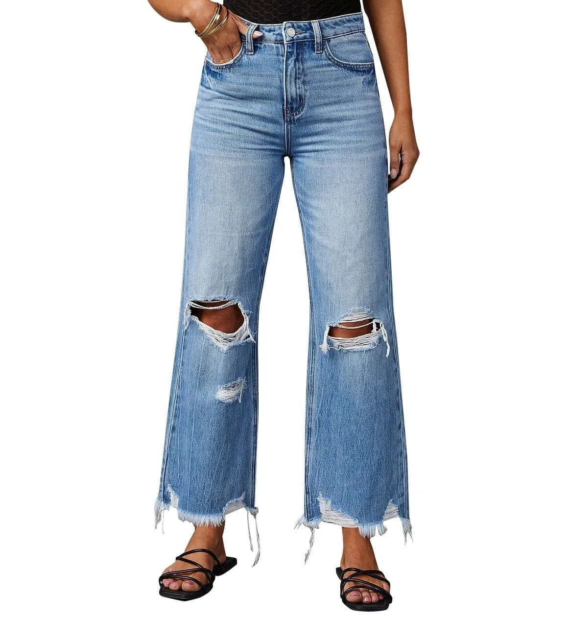 High Waist Distressed Wide Leg Ripped Jeans