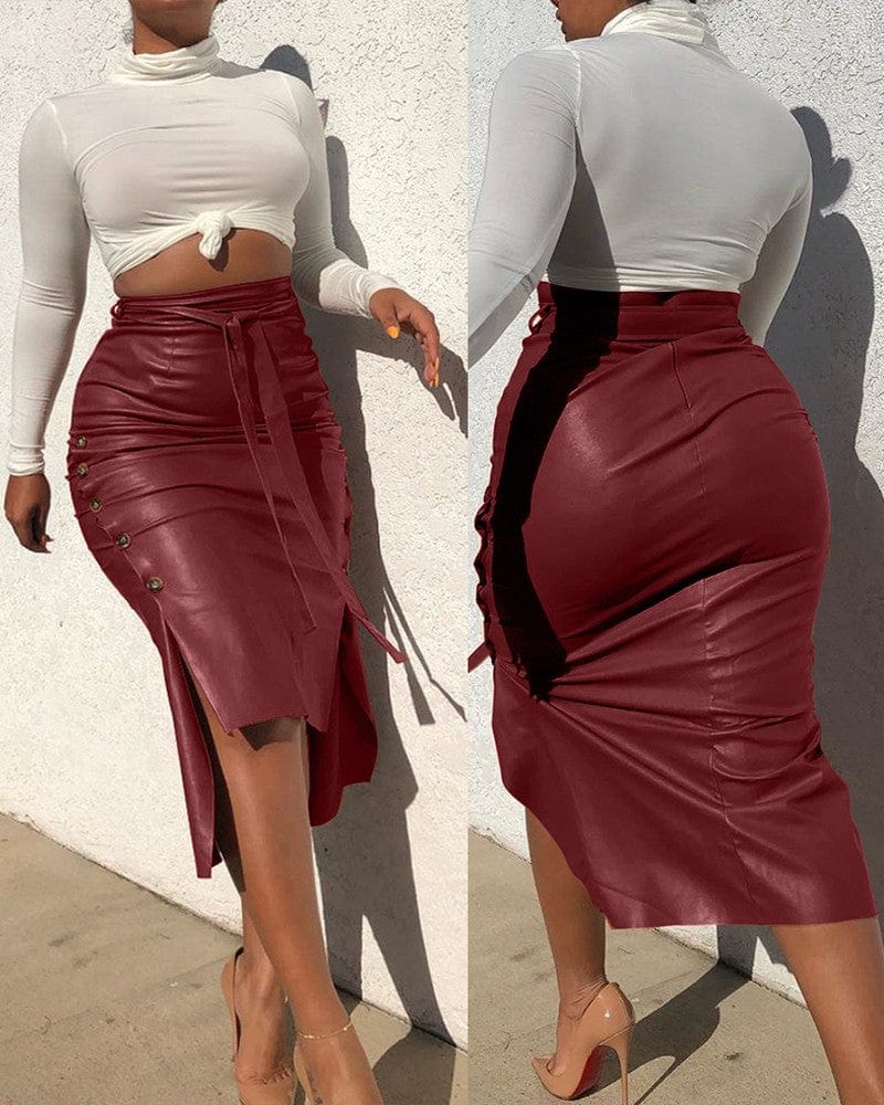 High Waist Faux Leather Skirt for Ladies Office Women Button Fit Pu Leather Skirts Bodycon Midi Split Pencil Skirt