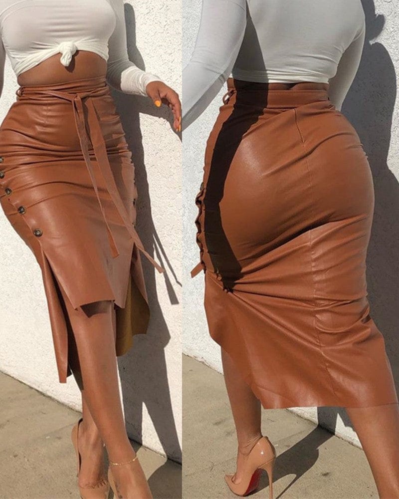 High Waist Faux Leather Skirt for Ladies Office Women Button Fit Pu Leather Skirts Bodycon Midi Split Pencil Skirt