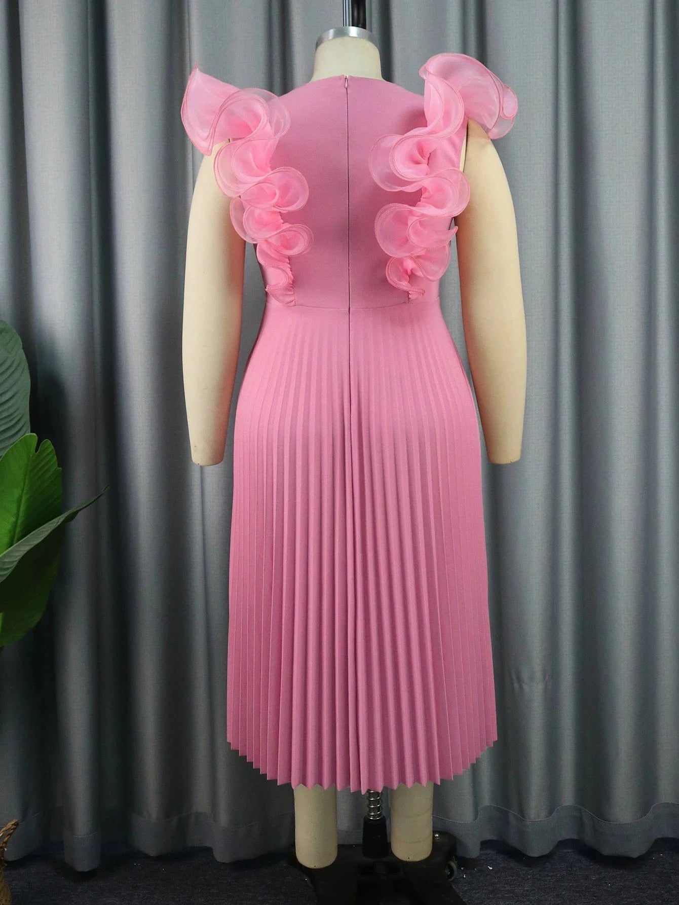 High Waist Midi Pleat Ruffle Pink Sleeveless Women Prom 2024 Dresses