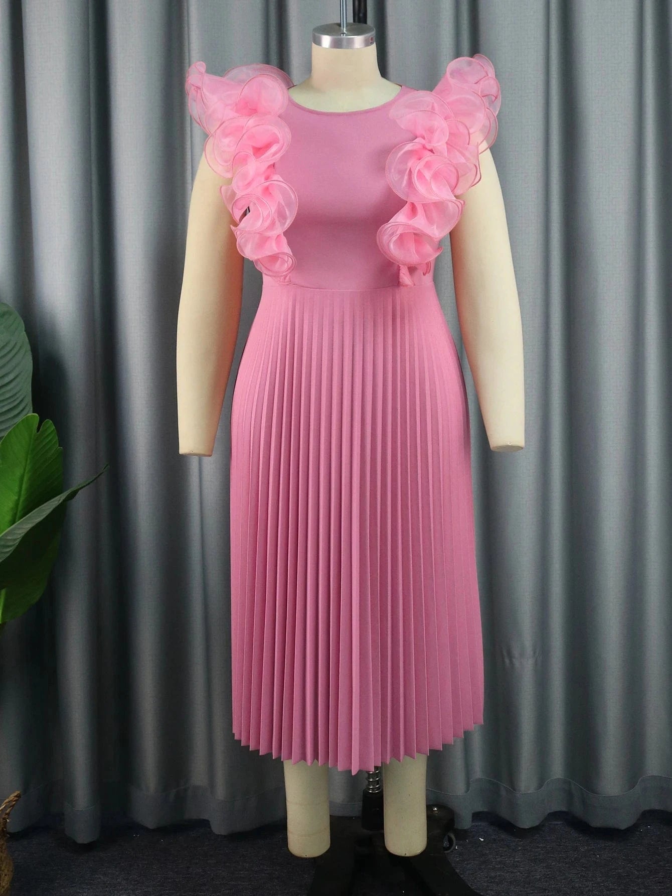 High Waist Midi Pleat Ruffle Pink Sleeveless Women Prom 2024 Dresses