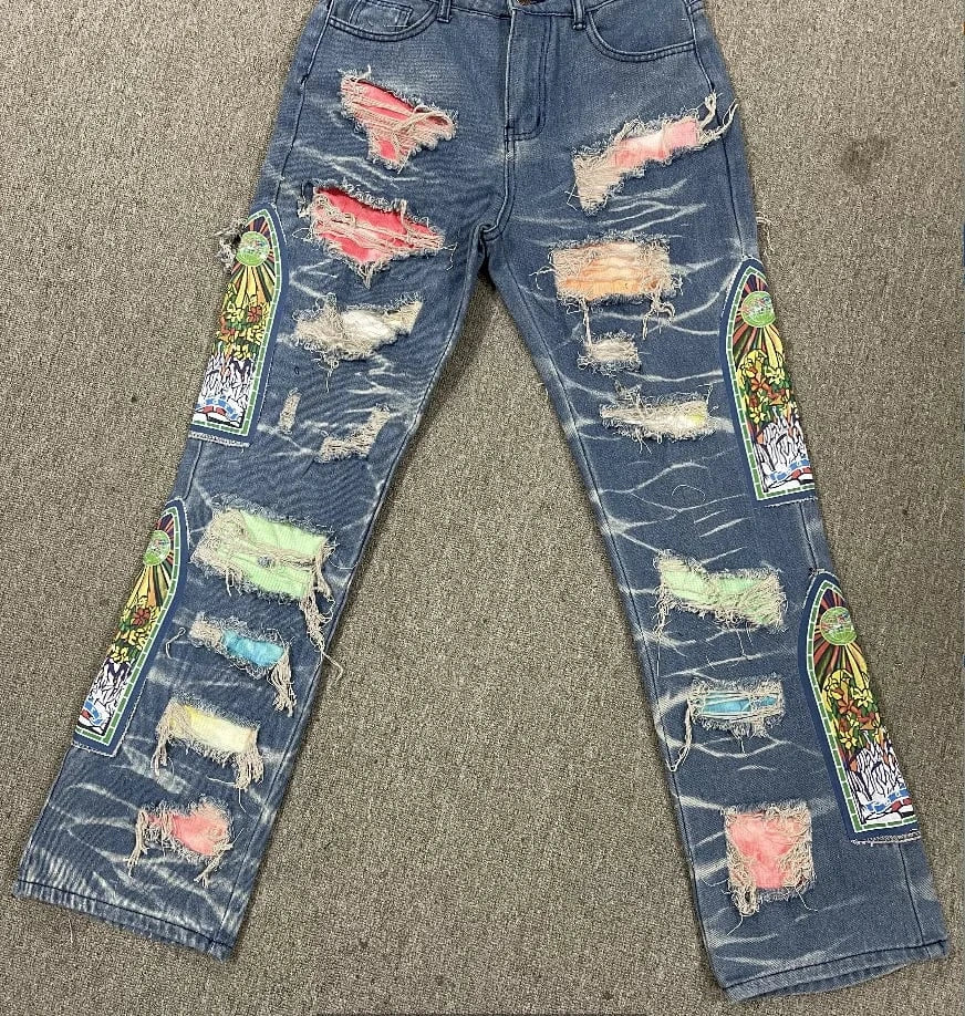 High Waist Multi-Color Patchwork Ripped Jeans