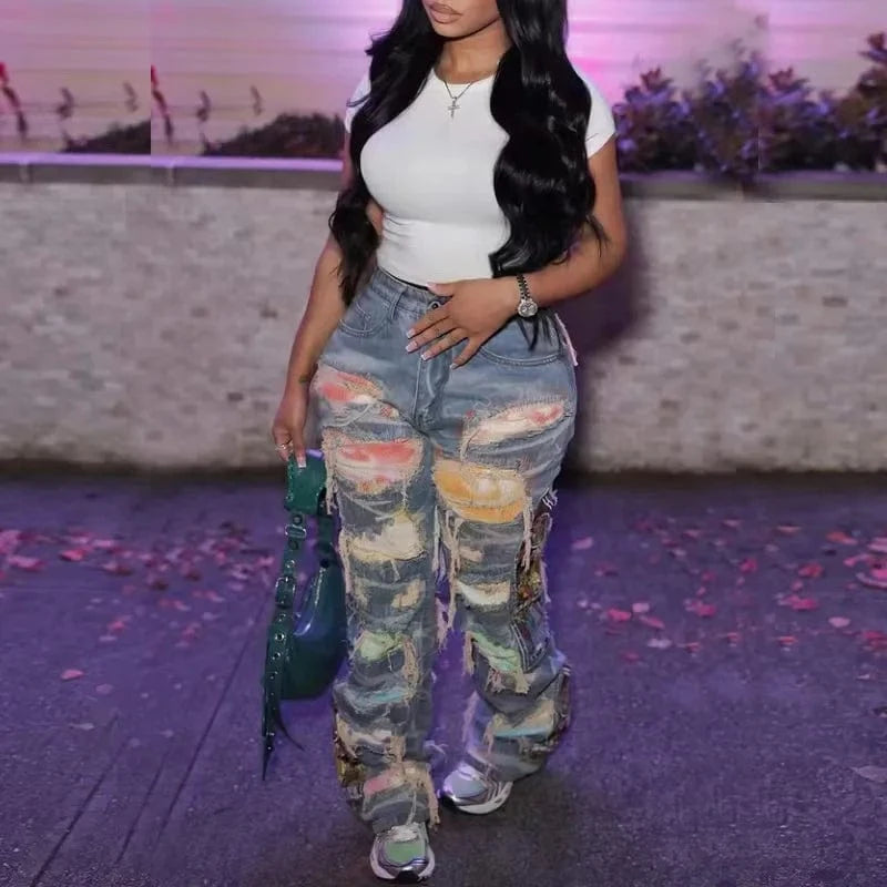 High Waist Multi-Color Patchwork Ripped Jeans