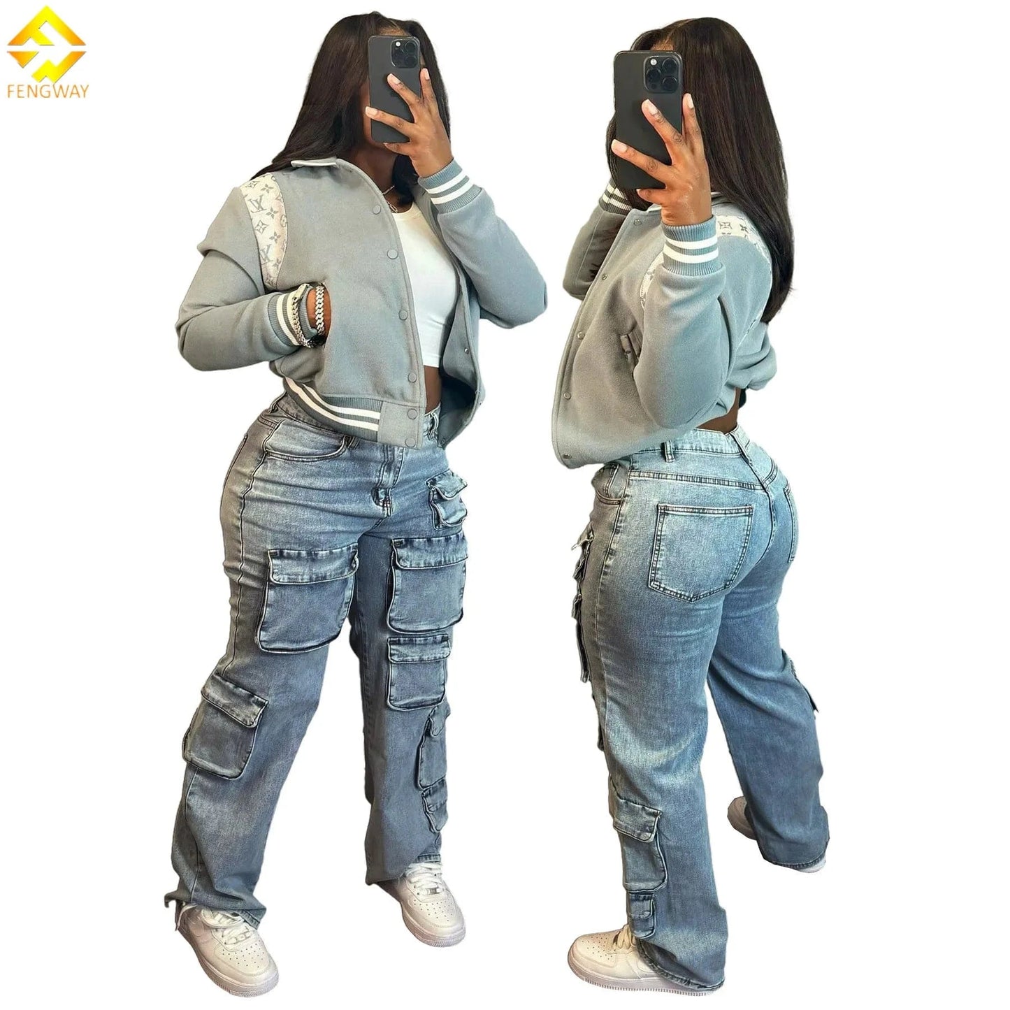 High Waist Multi Pocket Cargo Jeans for Women