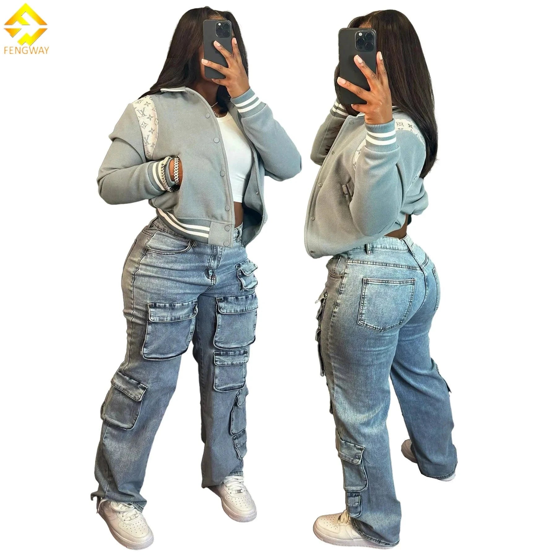 High Waist Multi Pocket Cargo Jeans for Women