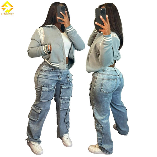 High Waist Multi Pocket Cargo Jeans for Women