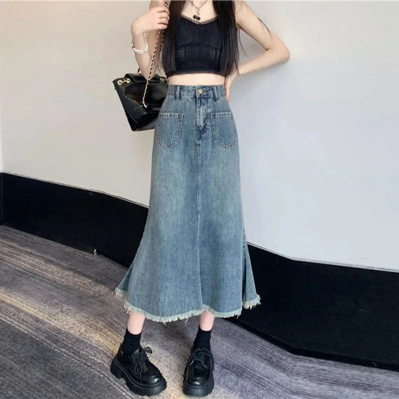 High waist Rimmed tassel Fishtail Denim skirt Women's A- line Loose Casual slimming Retro Hip-covered Mid-length skirt