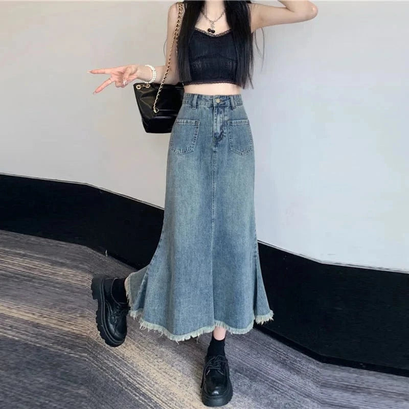 High waist Rimmed tassel Fishtail Denim skirt Women's A- line Loose Casual slimming Retro Hip-covered Mid-length skirt