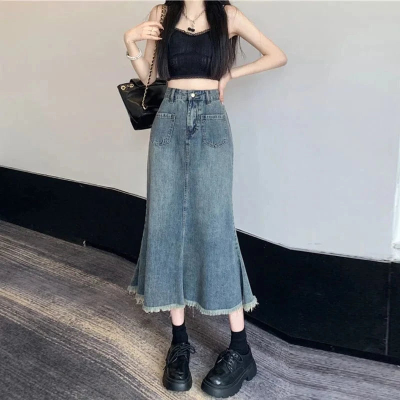 High waist Rimmed tassel Fishtail Denim skirt Women's A- line Loose Casual slimming Retro Hip-covered Mid-length skirt