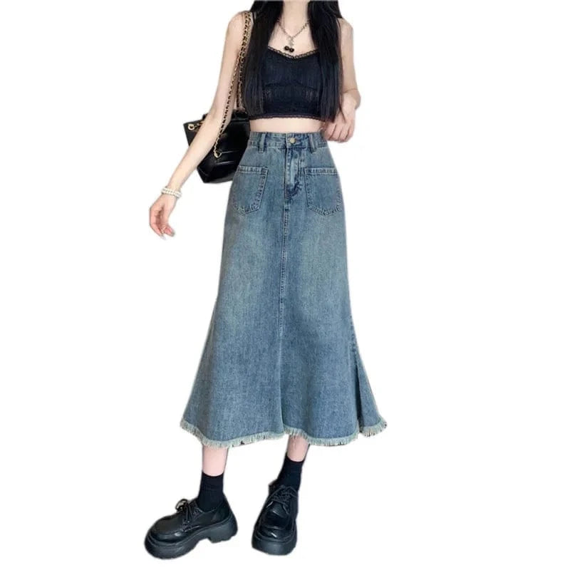High waist Rimmed tassel Fishtail Denim skirt Women's A- line Loose Casual slimming Retro Hip-covered Mid-length skirt