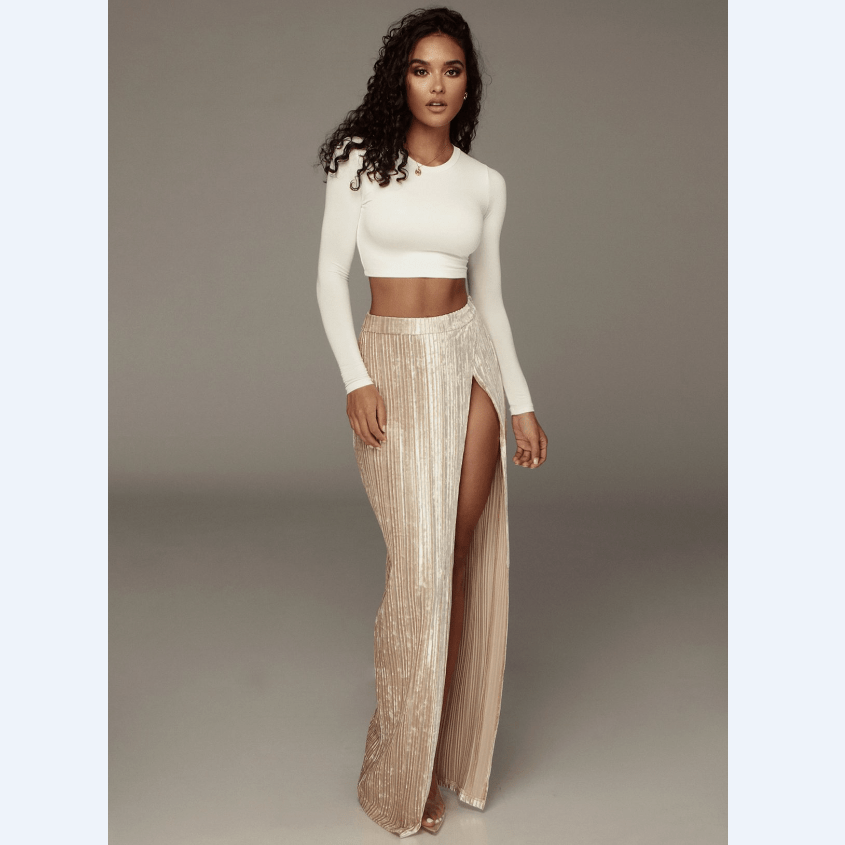 High Waist Split Ladies Office Skirts Pleated Green Long Skirt Maxi Skirt for Women