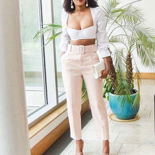 High waist women harem suit pants with matching belt casual formal office trousers for ladies