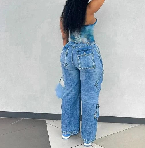 High-Waisted Cargo Pocket Denim Jeans