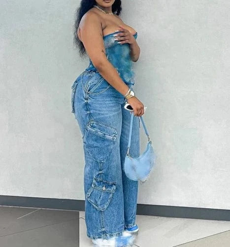 High-Waisted Cargo Pocket Denim Jeans