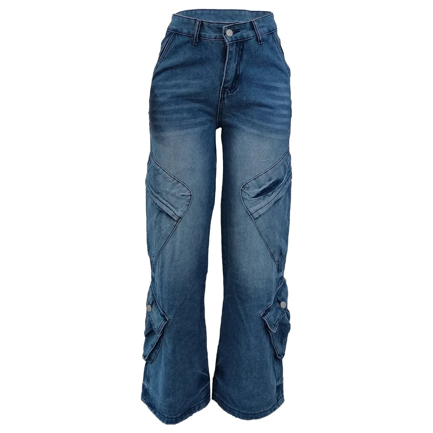 High-Waisted Cargo Pocket Denim Jeans