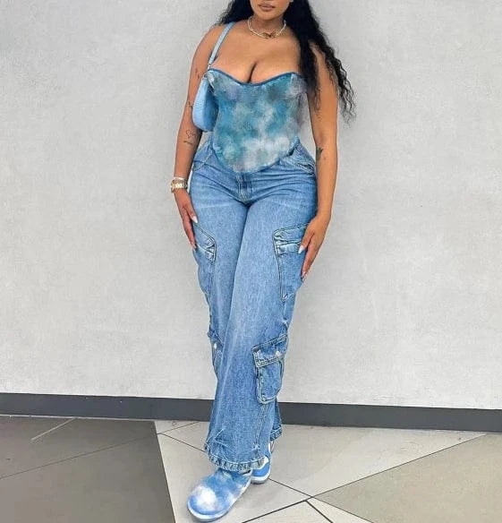 High-Waisted Cargo Pocket Denim Jeans