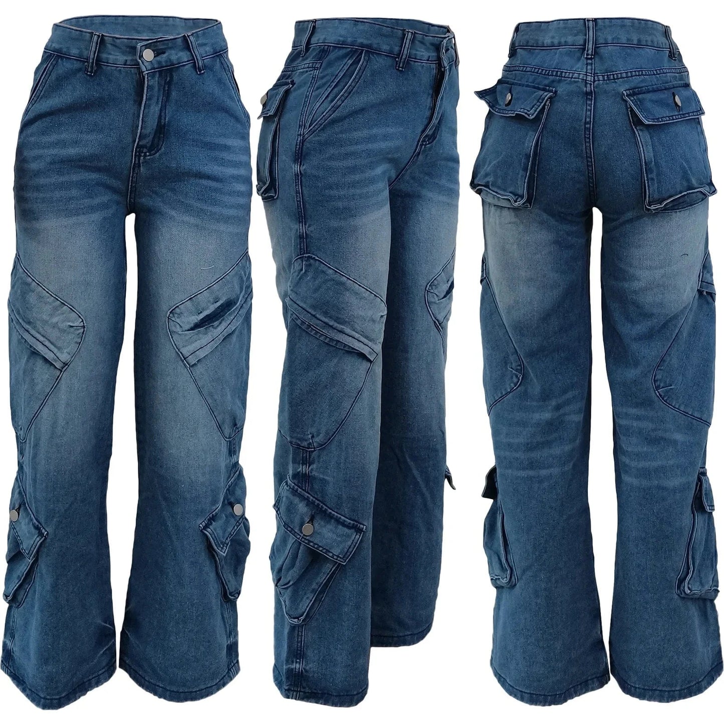 High-Waisted Cargo Pocket Denim Jeans