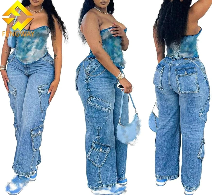High-Waisted Cargo Pocket Denim Jeans