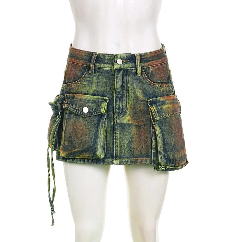 higher quality 2024  female women clothes green vintage two piece jeans denim skirt set