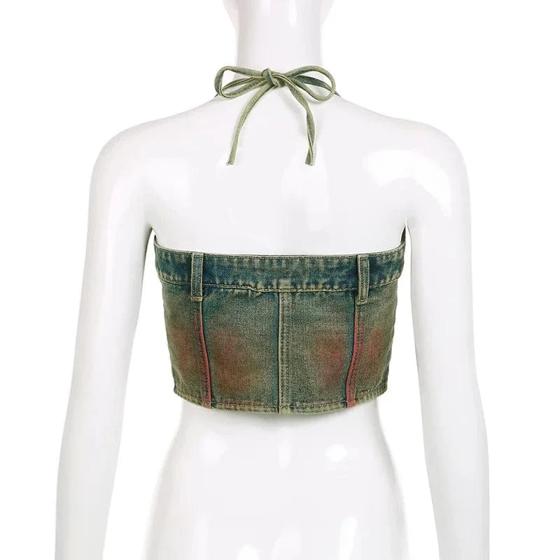 higher quality 2024  female women clothes green vintage two piece jeans denim skirt set