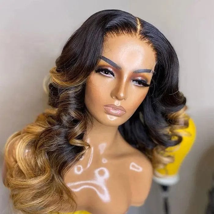 Highlight Black To Brown Blonde  Raw Human Hair Lace Front Wigs For Women 13A Hair Vendors Wigs With Free Part Lace Frontal