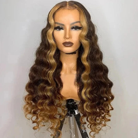 Highlight Blonde Brown Wigs 13x4 Lace Front Wigs Human Hair Deep Wave Pre Plucked Brazilian Raw Virgin Hair