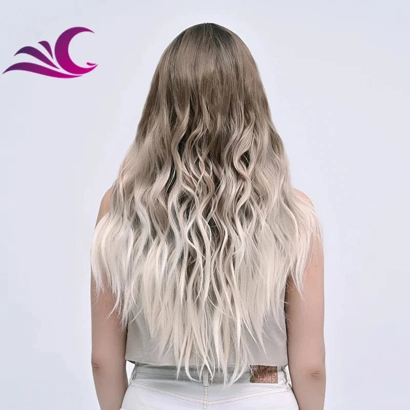 Highlight Mix Ice Blonde Ombre Colorful Middle Part Wig Long Wavy Pre-Plucked Synthetic Lace Front Wig