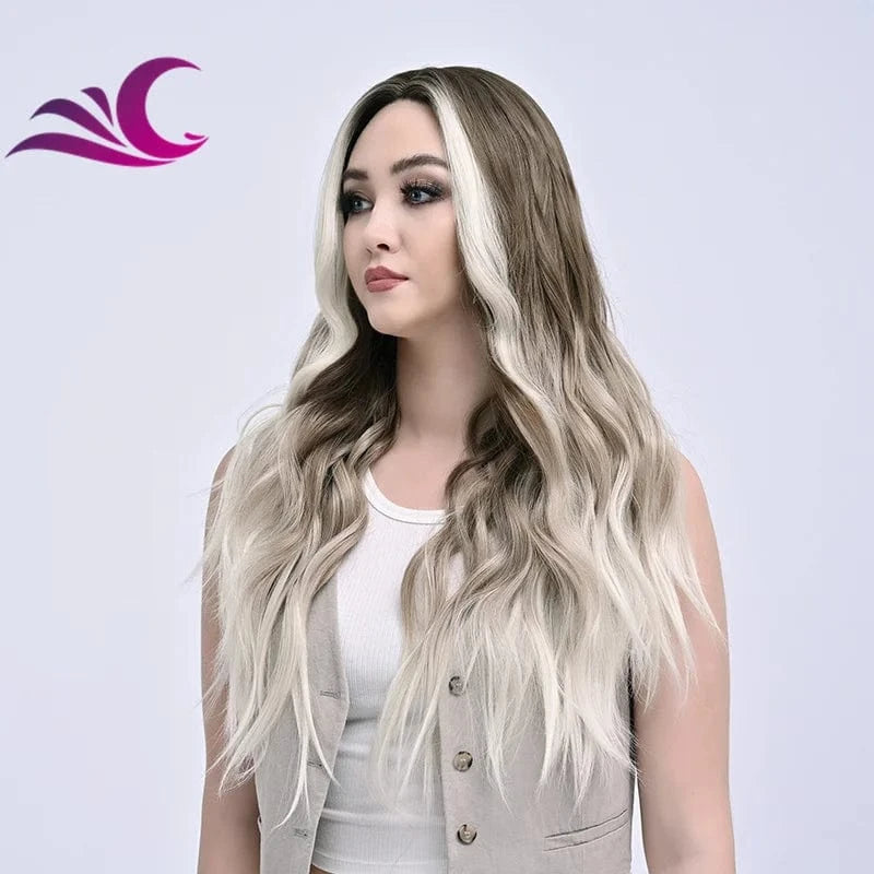 Highlight Mix Ice Blonde Ombre Colorful Middle Part Wig Long Wavy Pre-Plucked Synthetic Lace Front Wig