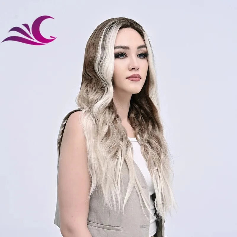 Highlight Mix Ice Blonde Ombre Colorful Middle Part Wig Long Wavy Pre-Plucked Synthetic Lace Front Wig