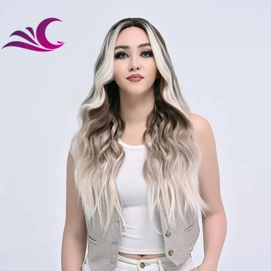 Highlight Mix Ice Blonde Ombre Colorful Middle Part Wig Long Wavy Pre-Plucked Synthetic Lace Front Wig