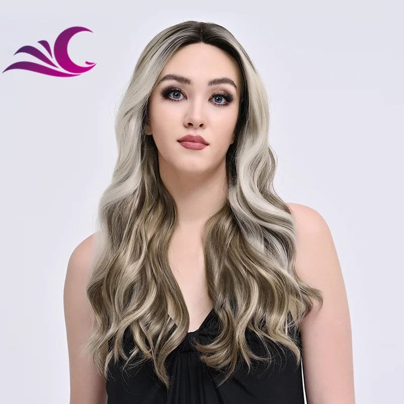 Highlight Mix Ice Blonde Ombre Colorful Middle Part Wig Long Wavy Pre-Plucked Synthetic Lace Front Wig