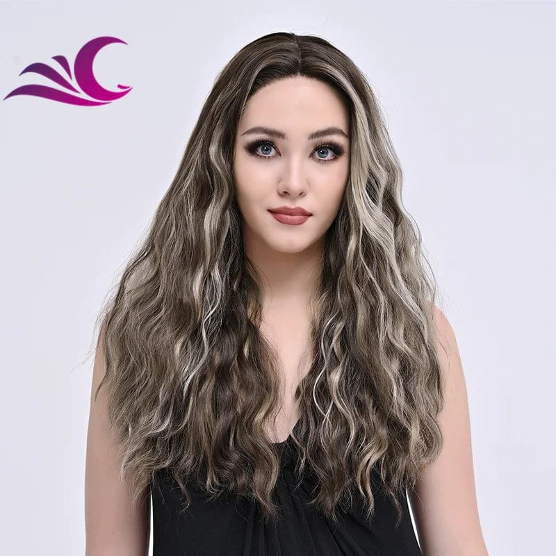 Highlight Mix Ice Blonde Ombre Colorful Middle Part Wig Long Wavy Pre-Plucked Synthetic Lace Front Wig