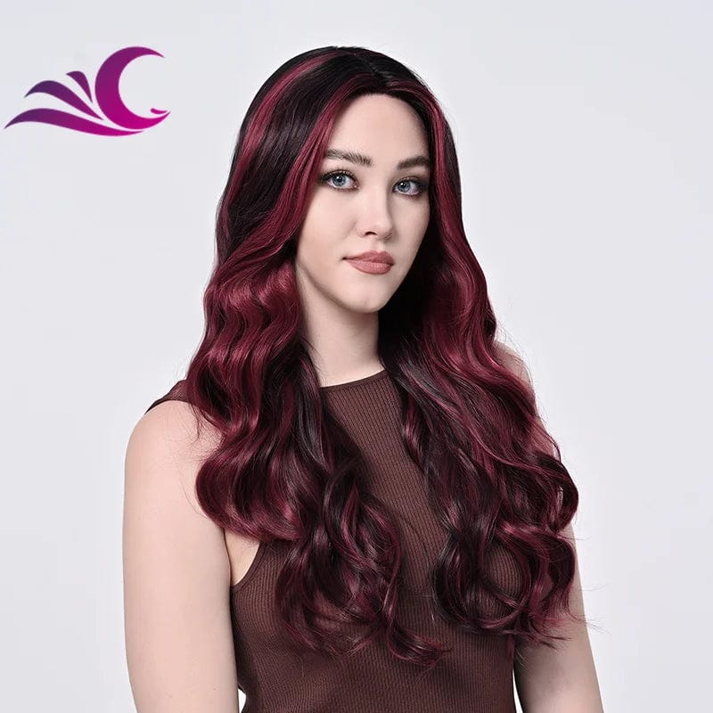 Highlight Mix Ice Blonde Ombre Colorful Middle Part Wig Long Wavy Pre-Plucked Synthetic Lace Front Wig