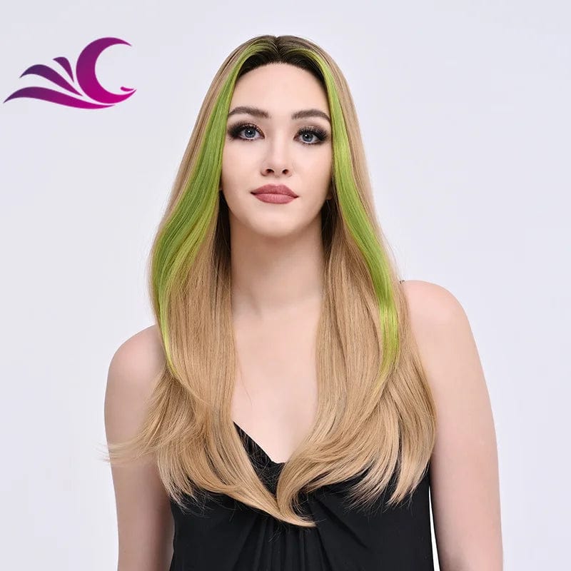 Highlight Mix Ice Blonde Ombre Colorful Middle Part Wig Long Wavy Pre-Plucked Synthetic Lace Front Wig
