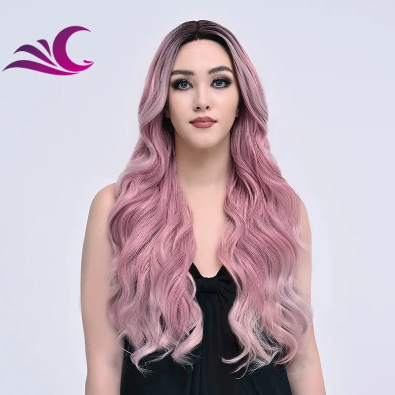 Highlight Mix Ice Blonde Ombre Colorful Middle Part Wig Long Wavy Pre-Plucked Synthetic Lace Front Wig