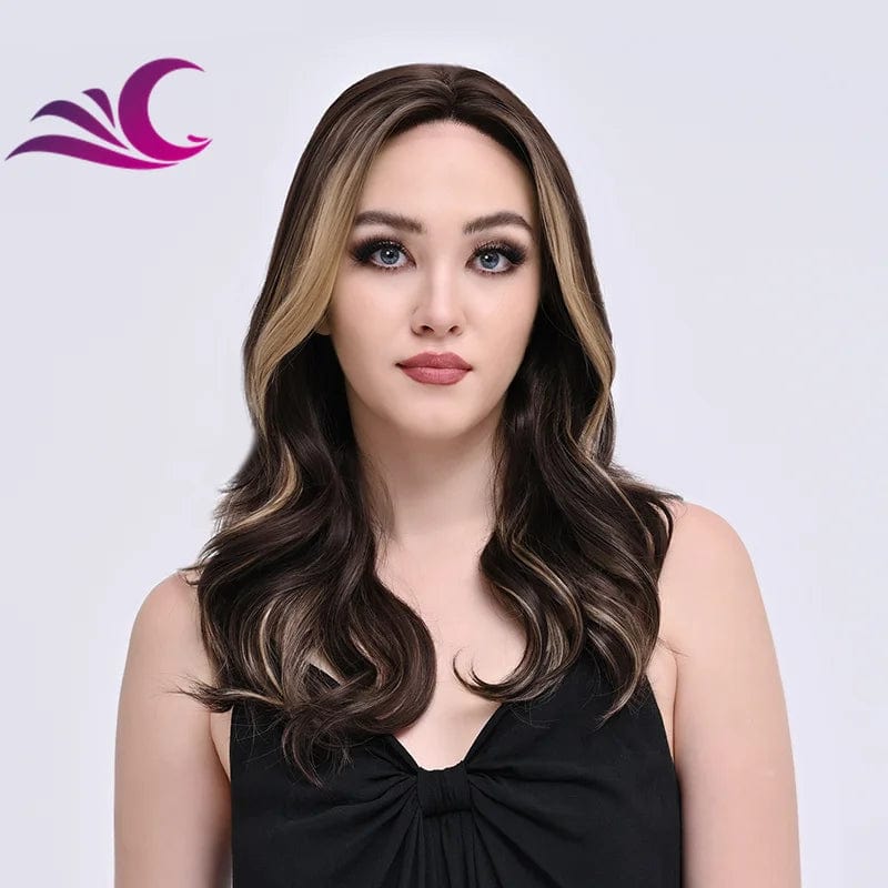 Highlight Mix Ice Blonde Ombre Colorful Middle Part Wig Long Wavy Pre-Plucked Synthetic Lace Front Wig