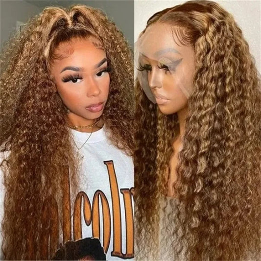 Highlight Ombre Brown Curly Human Hair Wigs HD Transparent Lace Front Wig Honey Blond Deep Wave Lace Front Wigs for Black Women