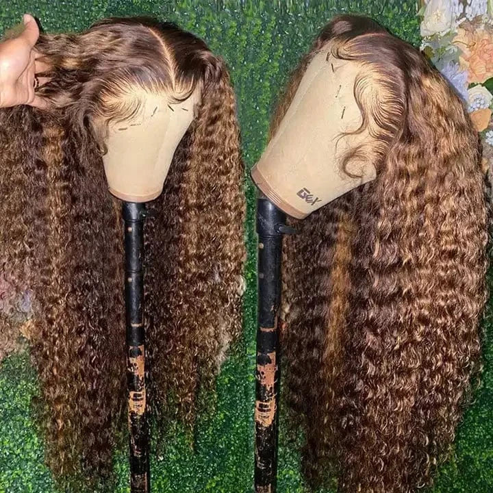 Highlight wig Brown Deep Curly Pre Plucked Transparent 13x4 Lace Front Wig Piano Mixs Color Honey Blonde Human Hair Wig