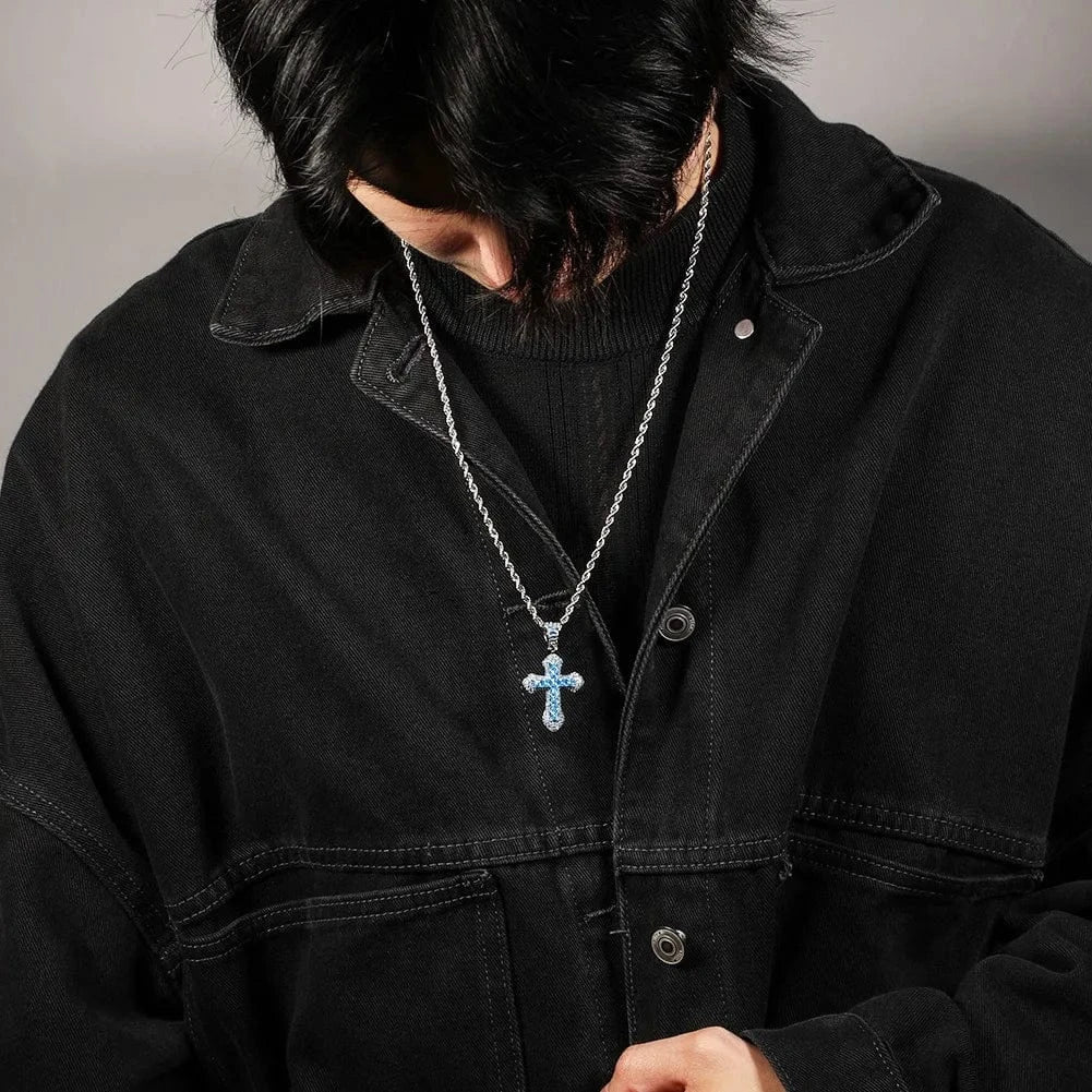 Hiphop Diamond Pave Cross Pendant Necklace Beautiful Red Pink Blue Square Cubic Zirconia Jewelry For Women Man