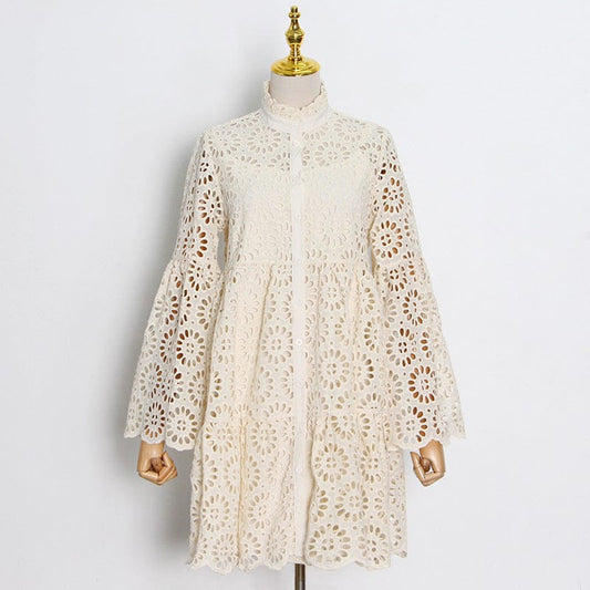 Hollow Dress 2022 Spring New Style Ropa De Dama Stand Collar High Waist Loose Women Dress