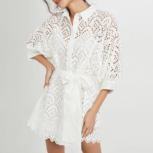 Hollow Skirt 2022 Summer New Ropa Por Mayor Lapel Single-breasted Waist Bow Tie Dress